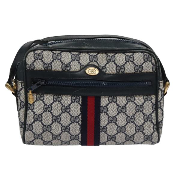 GUCCI GG Supreme Sherry Line Shoulder Bag Pvc Leather Navy Red - Picture 2 of 16